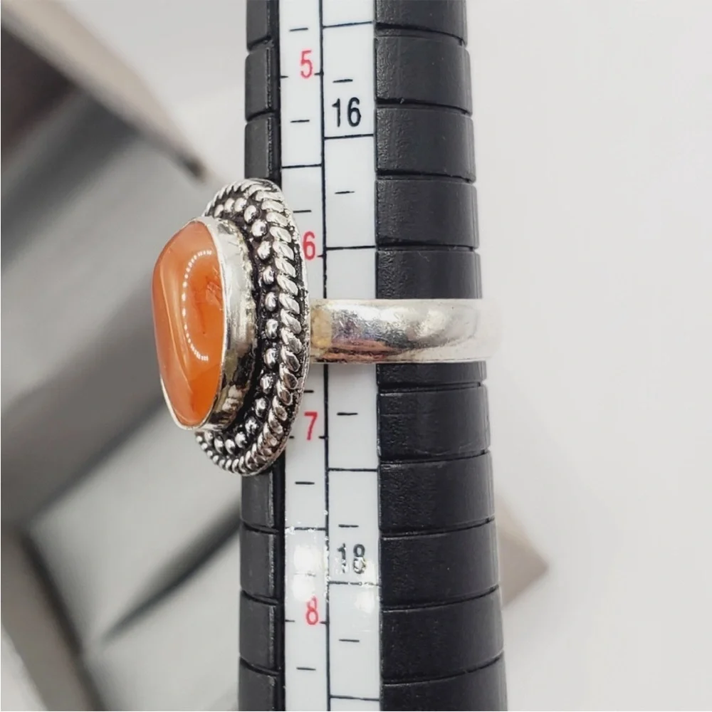 Genuine Bezel Set Orange Carnelian 925 Sterling Silver Ring
